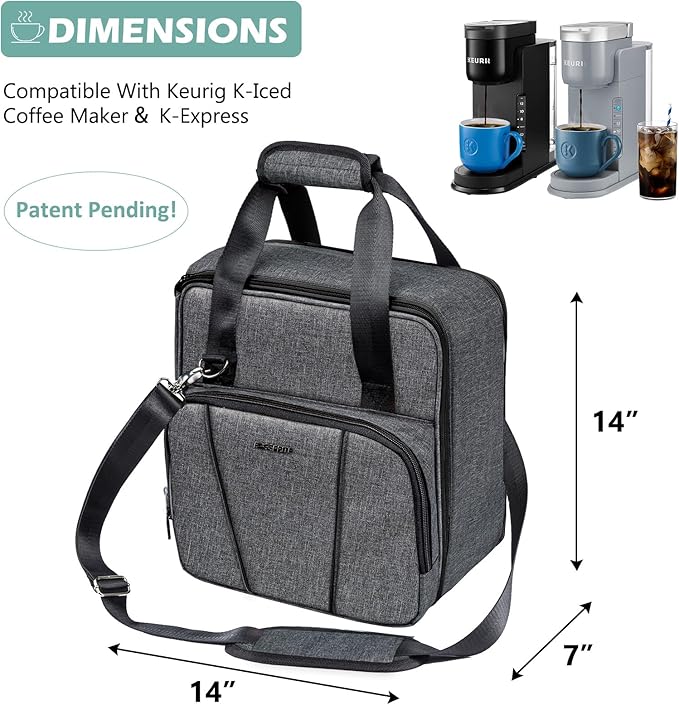 BAGSPRITE Coffee Maker Travel Bag Compatible with Keurig K-Express Coffee Maker, K-Iced Single Serve Coffee Brewer Carrying Case with Multiple Pockets for K-Cup Pods, Storage Bag With Shoulder Strap