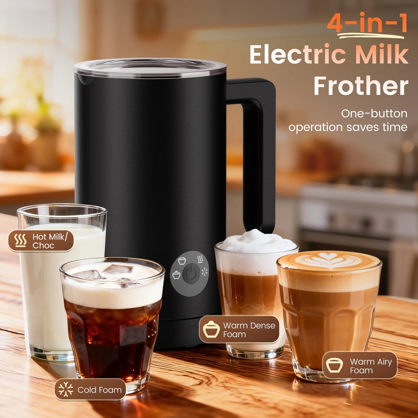 Kourice 4-in-1 Electric Milk Frother & Steamer – Automatic Frother Machine, Barista-Style Hot &
