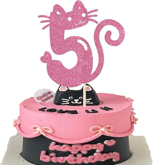 1 Pack Cat Cake Topper 5th Birthday Cake Pick Glitter Cute Pet Cat Cake Decoration for Cat Theme Baby Shower Kids Five Birthday Wedding Party Cake Decorations Supplies Pink