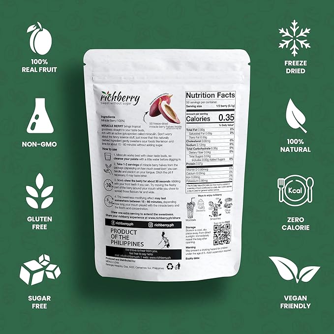 Miracle Berry by richberry, 50-Halves, Freeze Dried Premium Fruits, 100% Real Fruit, No Preservatives, Naturally Sweetens Sour Food, Great for Snacks and Taste Tripping