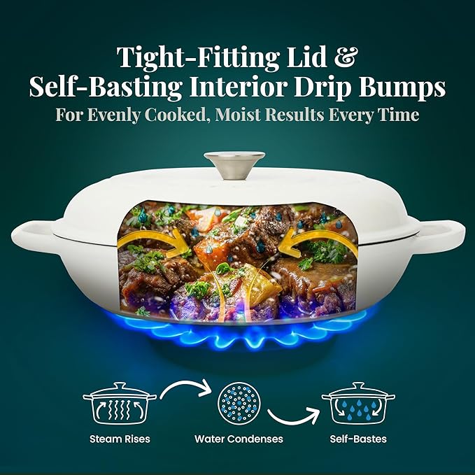 Larder & Vine Enameled Cast Iron Braiser | 3.6 qt Braiser Pan with Lid | Shallow Dutch Oven Compatible on All Cooktops | Casserole Dish Oven Safe to 500ì§?F | Dual Handles | White
