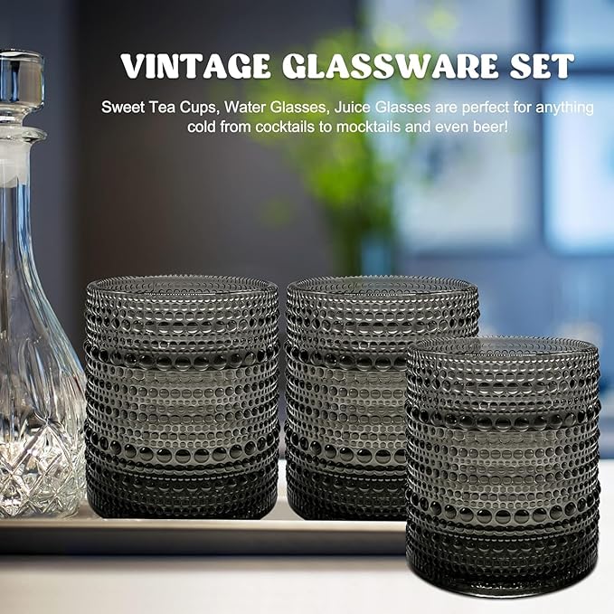 Set of 4 Vintage 12 oz Crystal Glasses, Old Fashioned Glass Cups for Water, Juice, Coffee, and Beer (Grey)