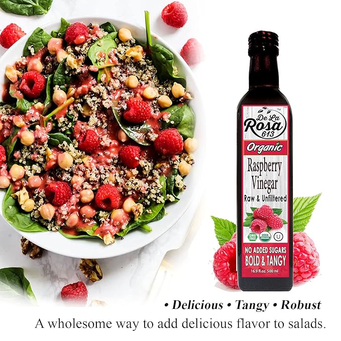 De La Rosa Organic Raspberry and White Balsamic Vinegar, Vegan, Kosher, Non-GMO & Gluten Free, Great for Salad Dressings, Marinades and More 16.9 Oz (pack of 2)