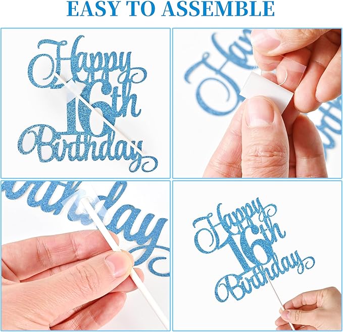 16th Birthday Cake Decorations, 16th Birthday Candles Cake Numeral Candles and Glitter Happy 16th Birthday Cake Toppers Set for Birthday Party Supplies (Blue)