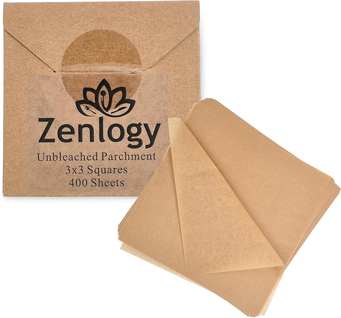Zenlogy 3x3 Small Parchment Paper Squares (400 sheets) - Unbleached, Non-stick, Pre-cut Mini Parchment Paper - For Diamond Painting, Freezing, Storing, Separating, Flower Piping and Lining