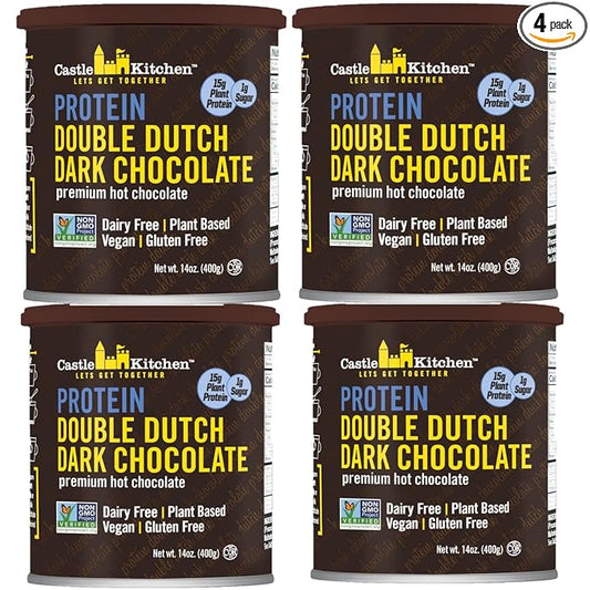 Castle Kitchen Protein Hot Chocolate (4 Pack, 9oz Ea.) - 15 Grams of Plant Protein Per Serving - Great Tasting Vegan Hot Cocoa Mix - Low Carb, Keto Friendly, Gluten & Dairy Free