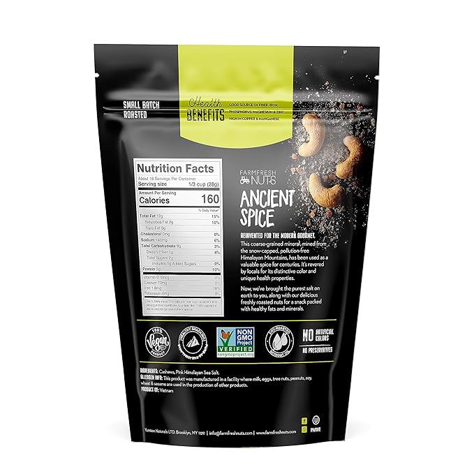 Dry Roasted Cashews Himalayan Salted (1 Lb.) - Baked in Small Batches for Added Freshness - Oven Roasted to Perfection without Oil - Farm Fresh Nuts Brand
