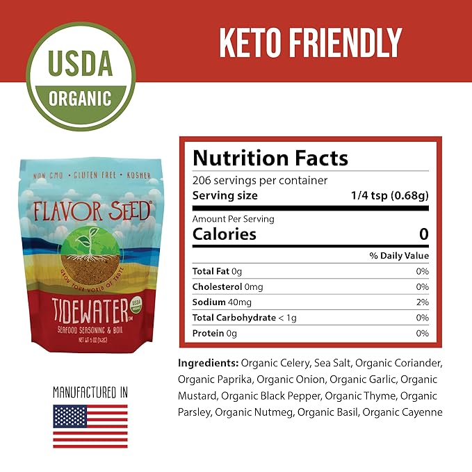 Flavor Seed Tidewater Organic Seafood Seasoning, All Purpose Fish Seasoning for Shrimp, Crab Meat, Lobster and Seafood Boils with Vegetables. Sugar Free, Vegan & Keto Friendly, Resealable 5 oz Pouch