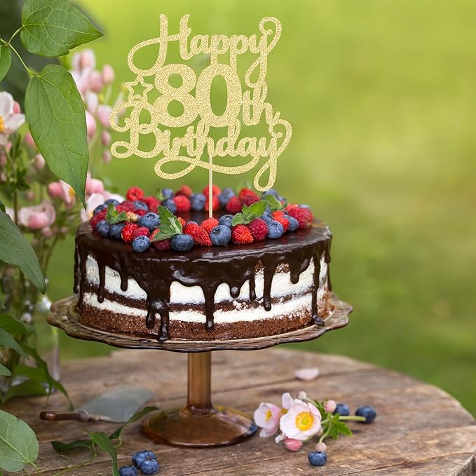 1 Pack Happy 80th Birthday Cake Topper Gold Glitter 80 & Fabulous Cheers to 80 Years Old Birthday Cake Pick for Celebrating 80th Birthday Anniversary Party Cake Decorations Supplies