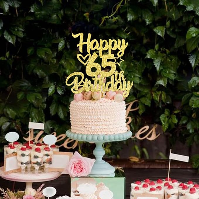 1 Pack Happy 65th Birthday Cake Topper Glitter Heart Star 65 Fabulous Cake Pick Birthday Sign Cake Decorations for Children 65th Birthday Theme Party Supplies Gold