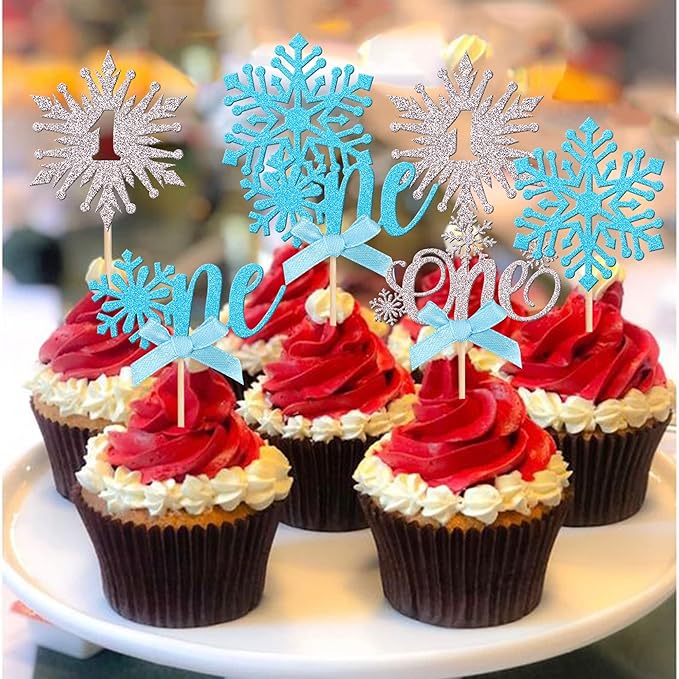 24 PCS Snowflake One Cupcake Toppers with Glitter Bow First Birthday Snowflake Cupcake Picks for Winter Onederland Theme Baby Shower Kids 1st Birthday Party Cake Decorations Supplies Silver Blue