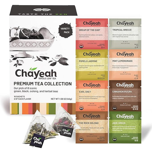 CHAYEAH, Premium Tea Collection (16 Pyramid Tea Sachets, 8 Assorted Flavors), Green, Black, Oolong, Pu?셞rh & Herbal Tea Sampler Variety Pack, Caffeinated and Non-Caffeinated, Whole Leaf Tea Bag