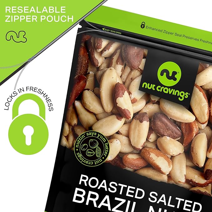 NUT CRAVINGS - Brazil Nuts Roasted & Salted - No Shell, Whole (16oz - 1 LB) Bulk Nuts Packed Fresh in Resealable Bag - Healthy Protein Food Snack, Food Assortments