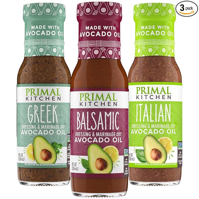 Primal Kitchen Italian Dressing, Balsamic Vinaigrette, and Greek Dressing & Marinade, Made with Avocado Oil, 8 Fluid Ounces, Variety Pack of 3