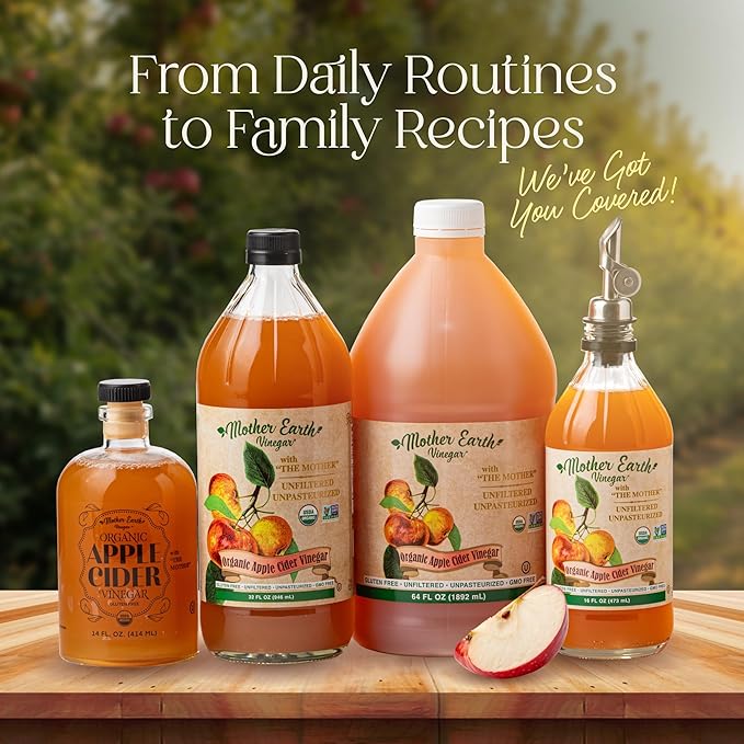 Mother Earth, Organic Apple Cider Vinegar with The Mother, Fresh Pressed Organic Apples, OACV, ACV, Raw, Unpasteurized, Unfiltered (1/16oz Glass Bottle)