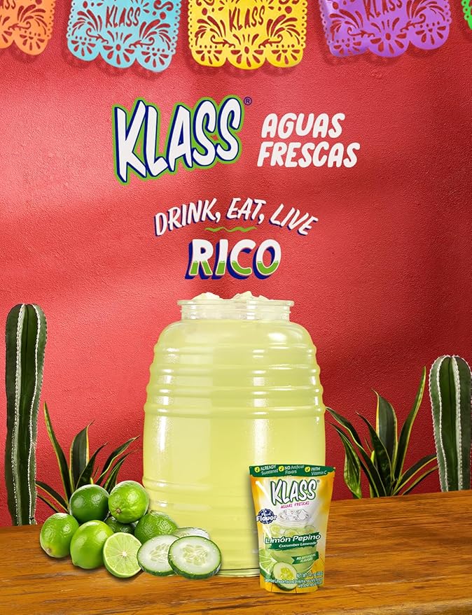 Klass Aguas Frescas | Drink Mix Cucumber Limeade | Flavors From Natural Sources, No Artificial Flavors, With Vitamin C (Makes 7 to 9 Quarts) 14.1 Oz Family Pack (4-Pack)