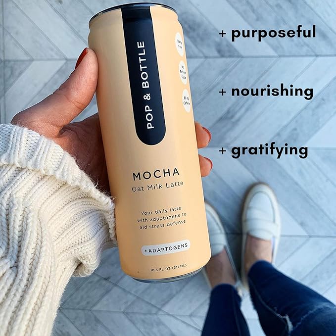 Pop & Bottle, Oat Milk Lattes - Cold Brew with Adaptogens, Maca, Ashwagandha, MCT Oil, Oat Milk, Organic, Dairy Free, Gluten Free, Great as Iced Coffee, Lightly Sweetened with Dates - Mocha, 8 Fl Oz (12 Pack)
