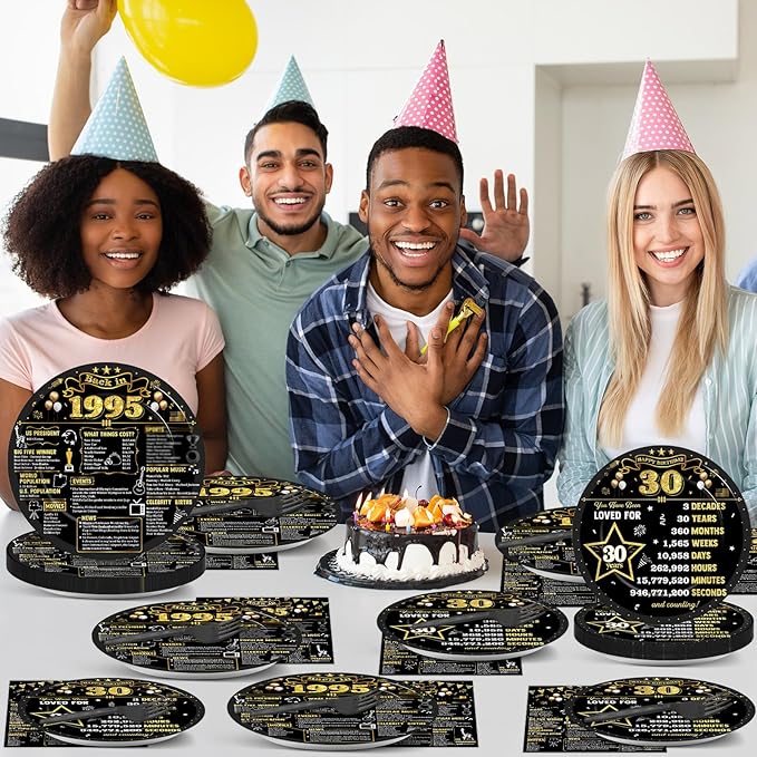 96Pcs 30th Birthday Plates and Napkins Back in 1995 Party Decorations Black Gold 30 Year Old Party Dessert Plates 1995 Tableware for 24 Guests 30th Theme Men Woman Birthday Supplies