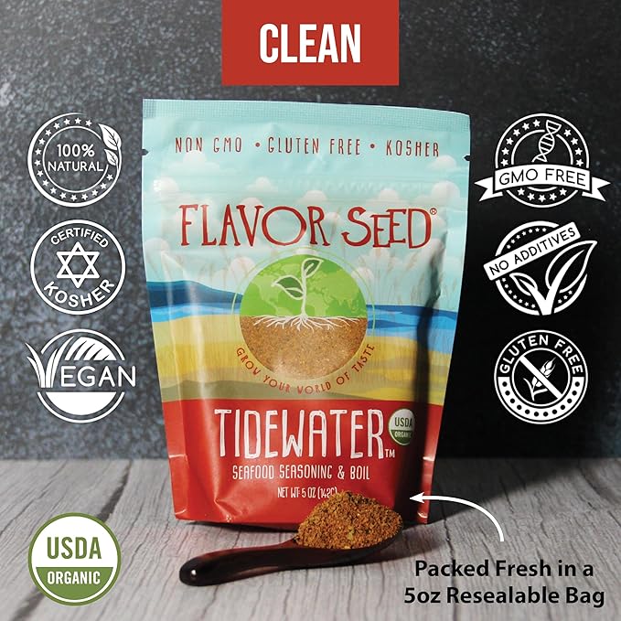Flavor Seed Tidewater Organic Seafood Seasoning, All Purpose Fish Seasoning for Shrimp, Crab Meat, Lobster and Seafood Boils with Vegetables. Sugar Free, Vegan & Keto Friendly, Resealable 5 oz Pouch