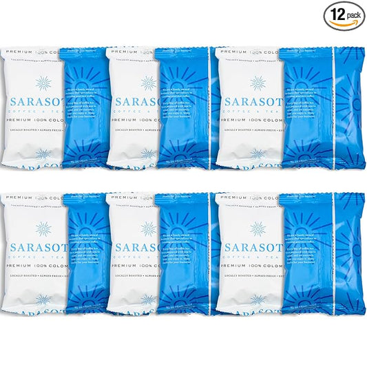 Sarasota Coffee Ground Packets | Gourmet Colombian Medium Roast Ground Coffee Packs | Columbian | Low Acid Mold Free Individual Single Pot Pouches for 12 Cup Coffee Maker | 2 Ounce Bags, 12 Count