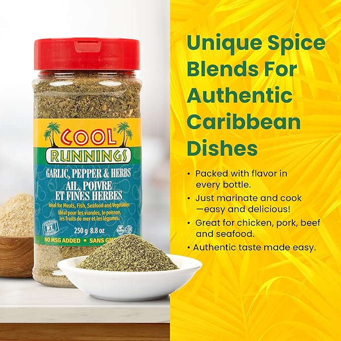 Cool Runnings Garlic, Pepper, and Herbs Seasoning 250g ??Perfect Blend of Spices and Herbs for Enhancing Meats, Seafood, Vegetables, and Pastas