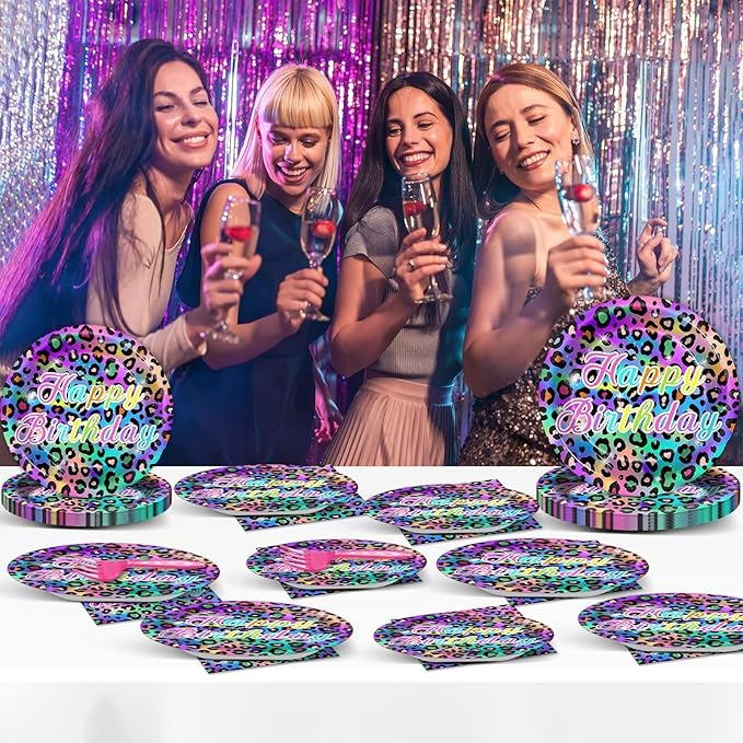 96Pcs Neon Rainbow Leopard Birthday Party Plates and Napkins Cheetah Print Birthday Themed Party Decorations Cheetah Leopard Girl's Sparkly Splatter Tableware Set for 24 Guests Baby Shower Supplies