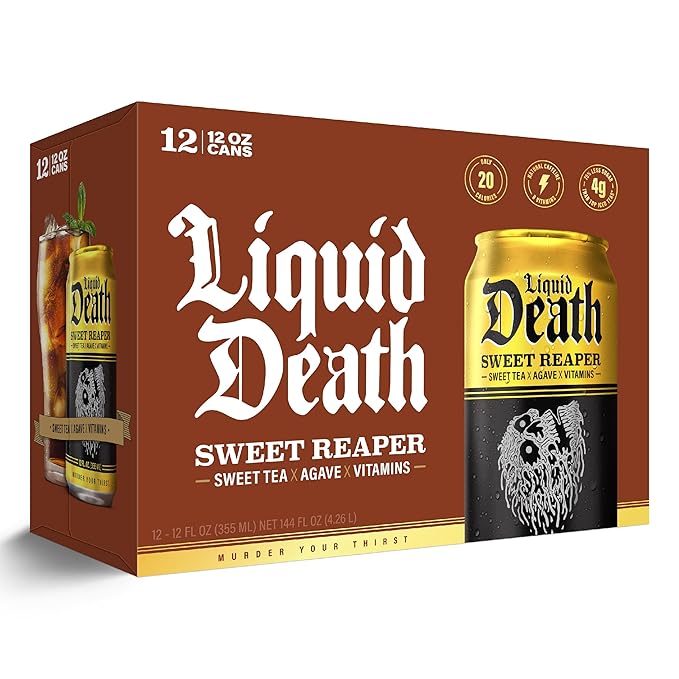 Liquid Death Iced Tea - Unsweet Reaper, Less Sugar*, Boost of Caffeine, B Vitamins, No Artificial Sweeteners, 12 Fl Oz (Pack of 12)