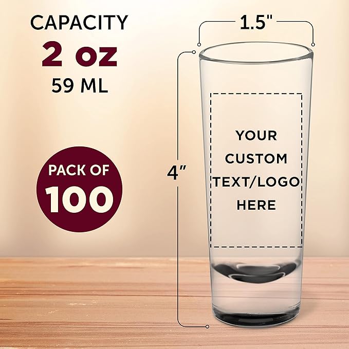 Custom Cordial Shooter Shot Glasses 2 oz. Set of 100, Personalized Bulk Pack - Great for Birthdays, Parties, Indoor & Outdoor Events - Black