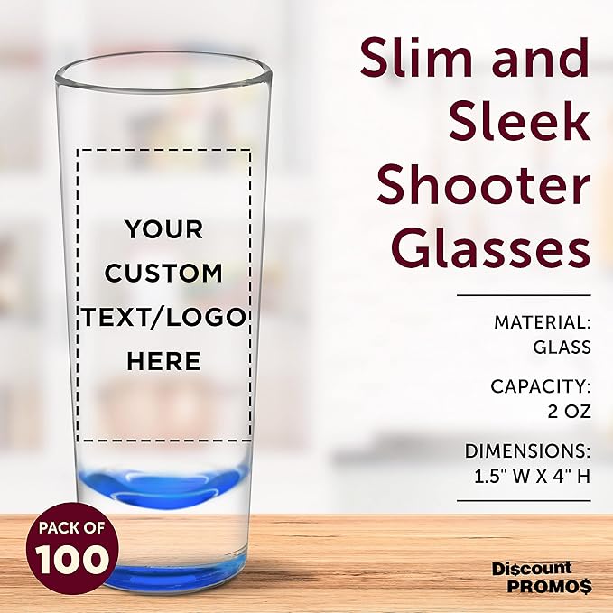Custom Cordial Shooter Shot Glasses 2 oz. Set of 100, Personalized Bulk Pack - Great for Birthdays, Parties, Indoor & Outdoor Events - Blue