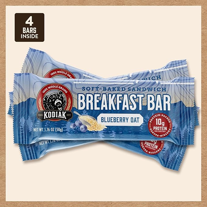 Kodiak Cakes Soft Baked Sandwich Breakfast Bar, Blueberry Oat, High Protein, 100% Whole Grains, 12 boxes with 4 bars each (48 bars total)