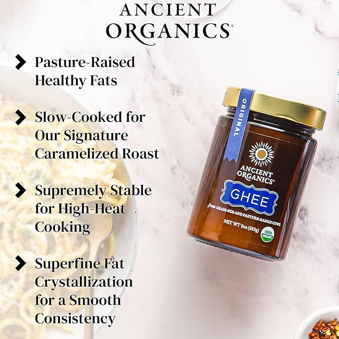 Ancient Organics Ghee - Organic Grass Fed Ghee Butter, Gluten Free, Clarified Butter, Vitamins & Omegas, Lactose Reduced, Kosher, USDA Certified - 9 Oz (Pack of 2)