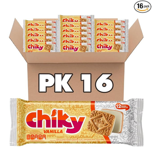 Chiky Vanilla Fudge Cookies, Crunchy & Sweet, Smooth Cream Center, Crispy Texture That Melts In Every Bite, 16.9 Ounces, 1 Box contains 16 Bags, each with 12 Individual Packs.