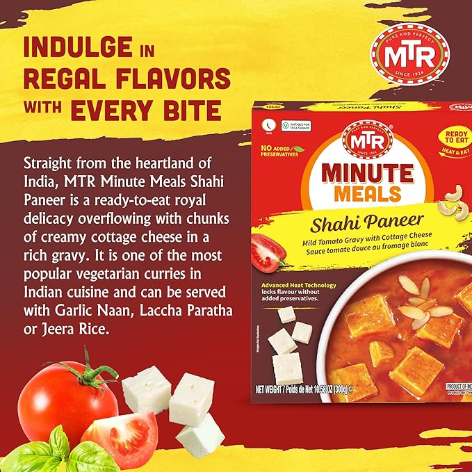 MTR - Shahi Paneer - Mild Tomato Gravy with Cottage Cheese - Authentic Indian Flavors - Flavorful, Easy, Ready-to-Eat Meal - Experience the Richness of Paneer in a Hearty Tomato Curry (Pack of 6)