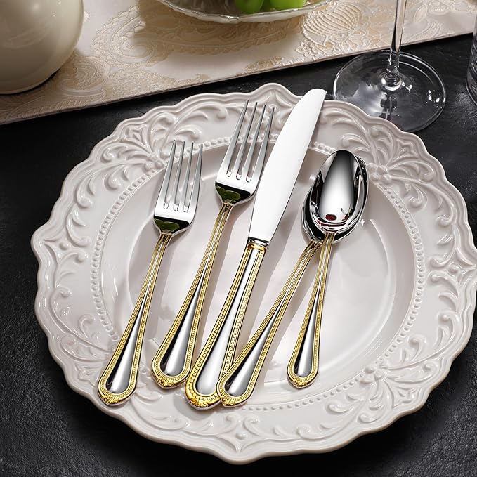 KEAWELL Pearl Edge 4-Piece Premium Spoon Set, 18/10 Stainless Steel, Fine Silverware Spoons with Refined Bead Design, Brightly Polished, Dishwasher Safe (Gold Accent, 7.56" Dinner Spoons)