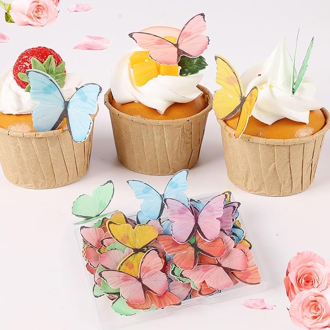48Pcs Edible Butterfly Cake Decorations, Colorful Wafer Paper Butterflies Cupcake Toppers, Vivid Edible Butterflies for Wedding, Anniversary, Birthday Party Cake Decoration (Mixed Colors)