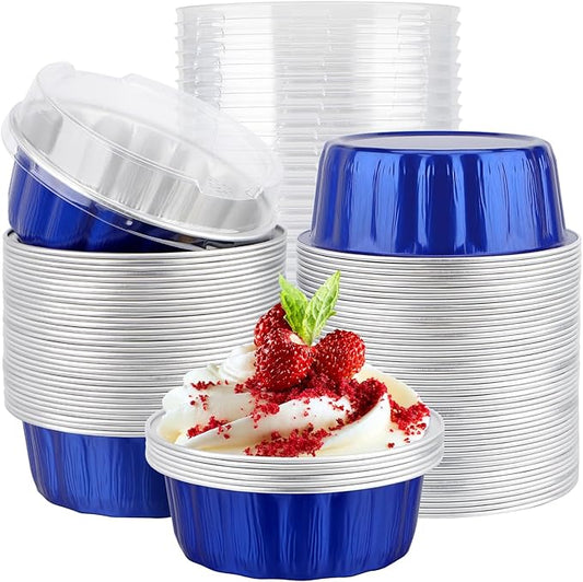 EUSOAR Cake Transport Container, 100pcs 9oz Dark Blue Sheet Cake Pan with Lid, Disposable Ramekins Desert Cups with Lids Cupcakes Bread Pudding Round Holders for Wedding Birthday Theme Party