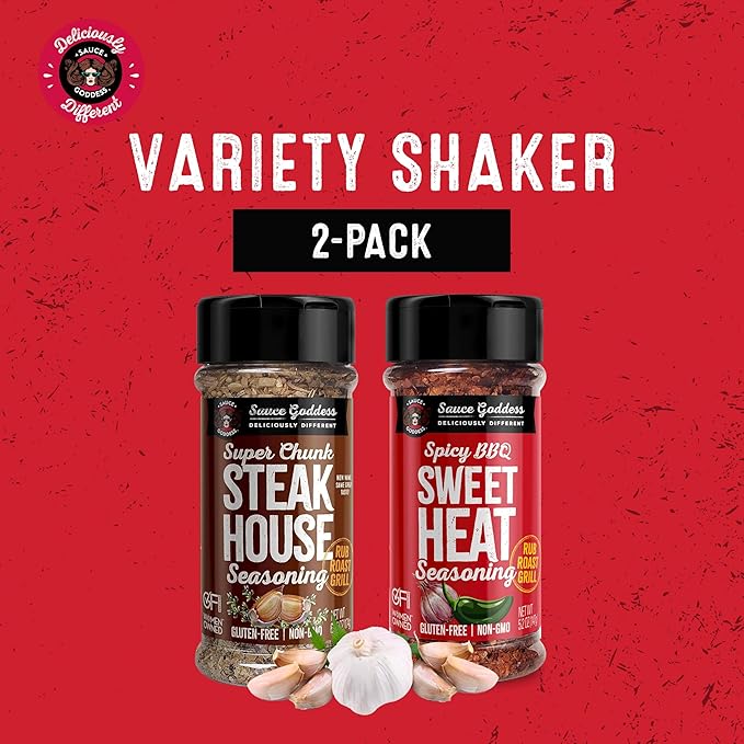 Sauce Goddess - Spicy BBQ Sweet Heat & Super Chunk Steakhouse Shaker Duo - Premium Spices, No MSG, No Additives - Meat & Veggies Seasoning 2-Pack