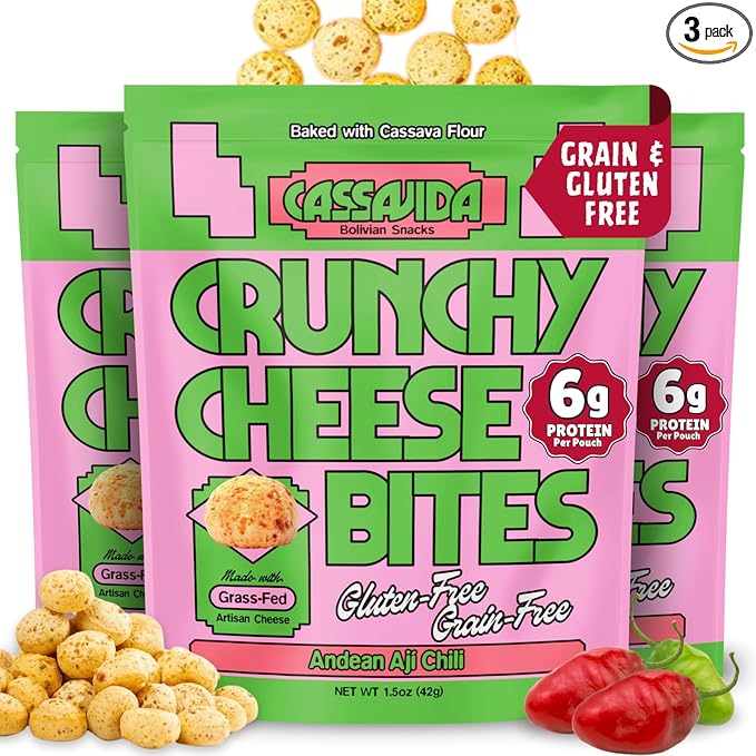 Cassavida Grain Free Crunchy Cheese Bites - Andean Aji Chili Flavoured | 1.5 Ounce (Pack of 3) | Gluten & Sugar-Free, Non-GMO Protein Snacks - Baked with 100% Grass-Fed Cheese & Cassava Flour