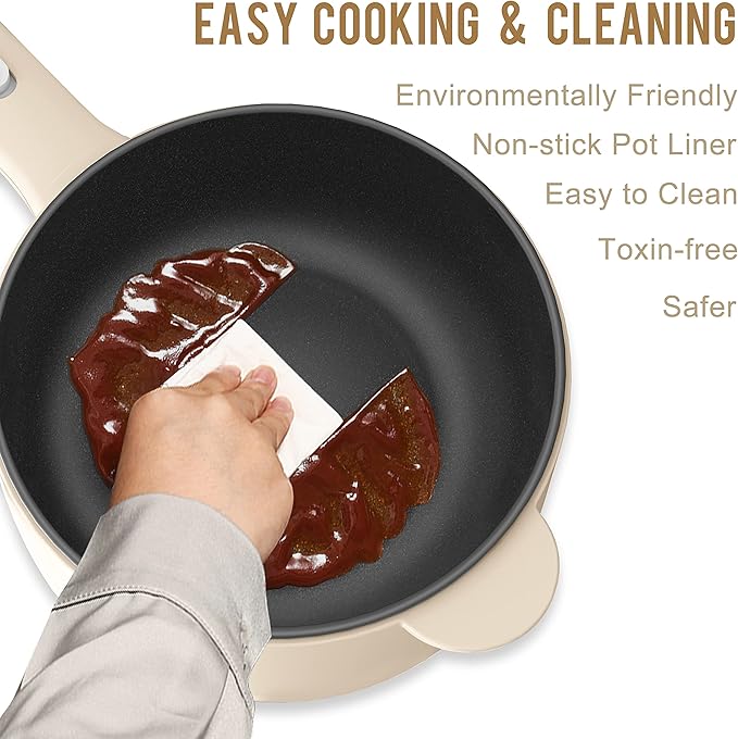 Dezin Electric Cooker, 2L Non-Stick Saut챕 Pan, Rapid Noodles Cooker, Mini Pot for Steak, Egg, Fried Rice, Ramen, Oatmeal, Soup with Power Adjustment, College Dorm Room Essential