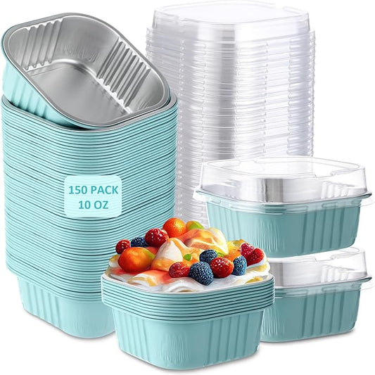 Aoriher 150 Pieces 10 oz Mini Cake Pans with Lids Aluminum Foil Baking Cups Square Disposable 4" x 4" Large Cupcake Cups Baking Tins for Kitchen Brownie Pudding Desserts Holders(Light Blue)