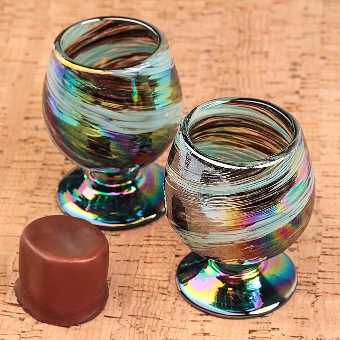 Authentic Mexican Tequila Hand Blown Shot Glasses - Set of 4-2 oz - Mini Glass Snifters - Heavy Base - Cognac (Aurora Borealis)
