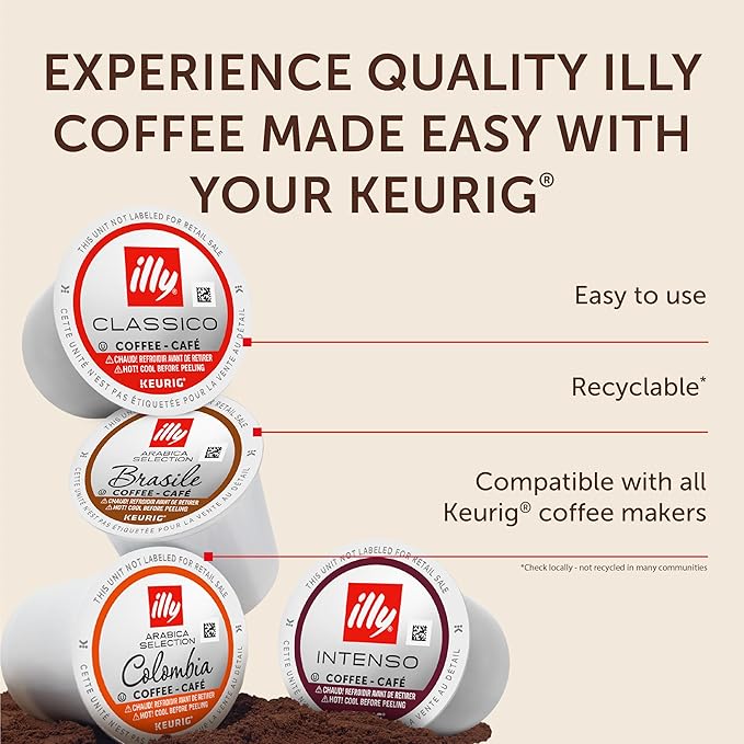 Illy Coffee K-Cups - Compatible Pods for Keurig Coffee Maker - Classico, Intenso, Brasile & Columbia Roasts - Variety - 10 Count (Pack of 6)