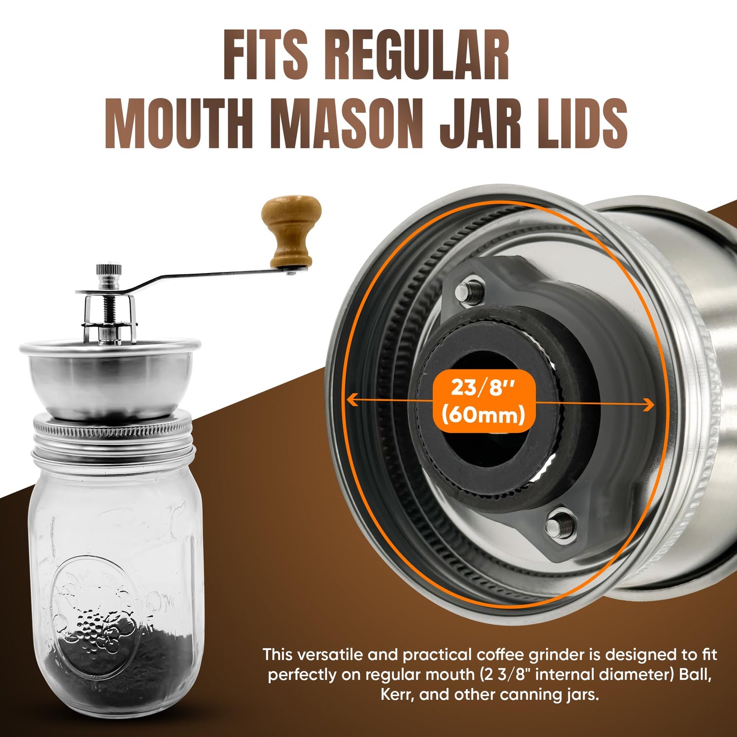 Stainless Steel Coffee Grinder Lid Attachment for Regular Mouth Mason Jars - Manual Crank Burr
