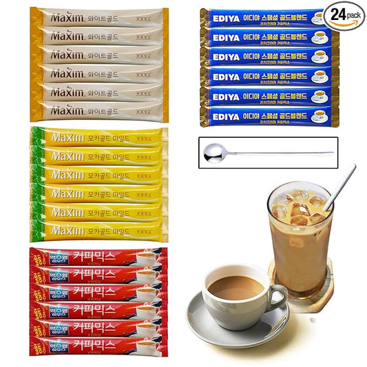 Korean 3 in 1 Instant Coffee Mix Variety Sample Packets-24 Sticks of 4 Different Flavors & Coffee Spoon.Camping or Traveling Essentials.