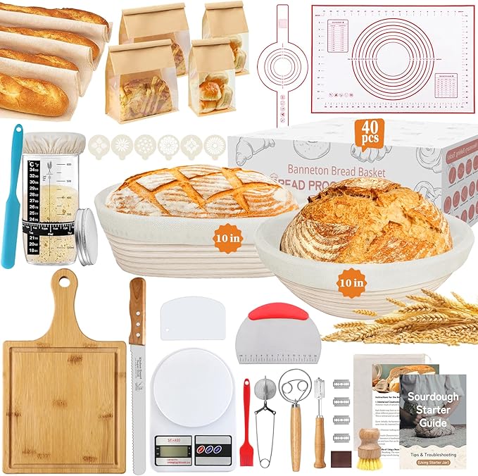 Aliggbent 40Pcs Sourdough Bread Baking Supplies, 10'' Round & Oval Banneton Bread Proofing Baskets with 24 oz Sourdough Starter Jar Kit, Digital Scale, Cutting Board, Knife, Bags ï¼?Bread Making Tools