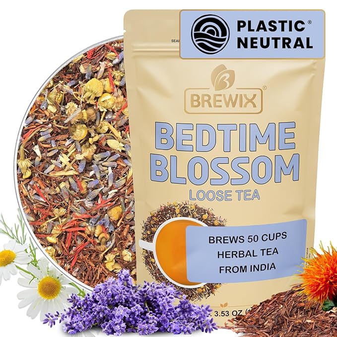 BREWIX, Bedtime Blossom Calming Tea For Sleep (50+ Cups) Herbal All Natural | Supports a Good Night?™s Sleep | Night Time, Caffeine Free with Rooibos, Safflower, Chamomile and Lavender | Perfect for Bedtime | Relaxing Natural Nighty Night Sleeping Tea
