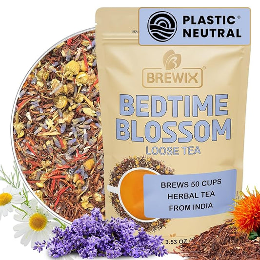 BREWIX, Bedtime Blossom Calming Tea For Sleep (50+ Cups) Herbal All Natural | Supports a Good Night?™s Sleep | Night Time, Caffeine Free with Rooibos, Safflower, Chamomile and Lavender | Perfect for Bedtime | Relaxing Natural Nighty Night Sleeping Tea