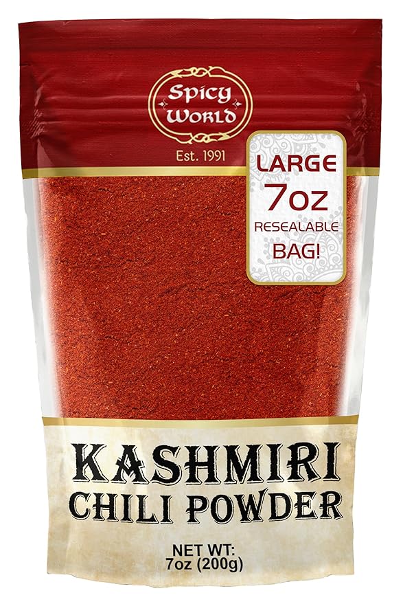 Spicy World Kashmiri Chili Powder Red 7 Ounce Resealable bag | All Natural Low Heat, Chili Powder - Red Pepper Powder