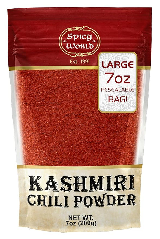 Spicy World Kashmiri Chili Powder Red 7 Ounce Resealable bag | All Natural Low Heat, Chili Powder - Red Pepper Powder