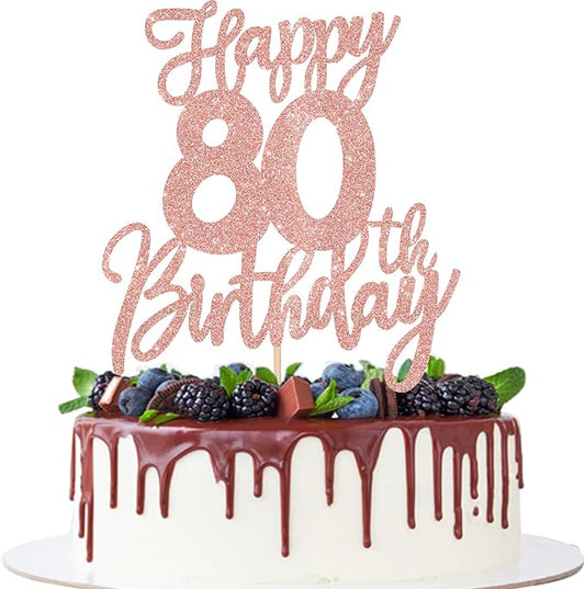 1 PCS Happy 80th Birthday Cake Topper Glitter Cheers to 80 Years Birthday Cake Pick Eighty Hello 80 Fabulous Cake Decorations for Happy 80th Birthday Anniversary Party Supplies Rose Gold